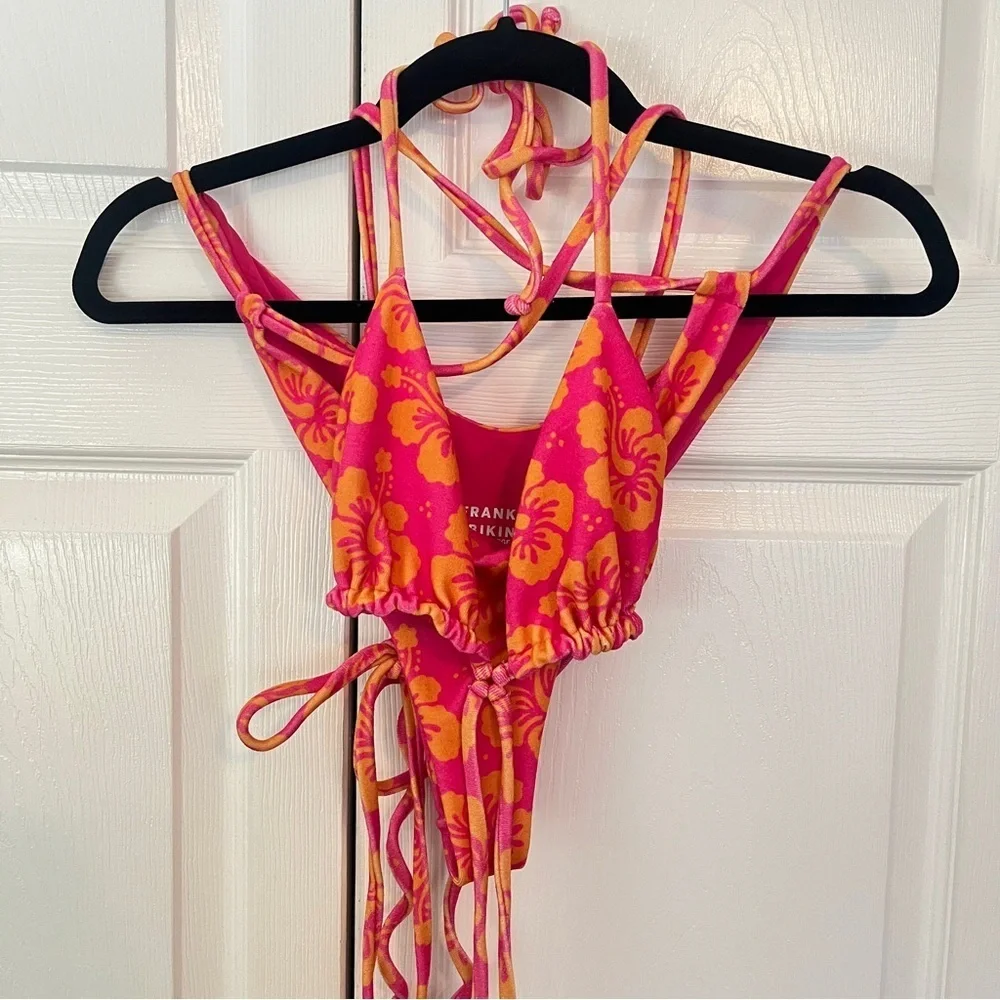 Frankies Bikinis Orange and Pink Terry Hibiscus 3 Piece Bikini Set Size L